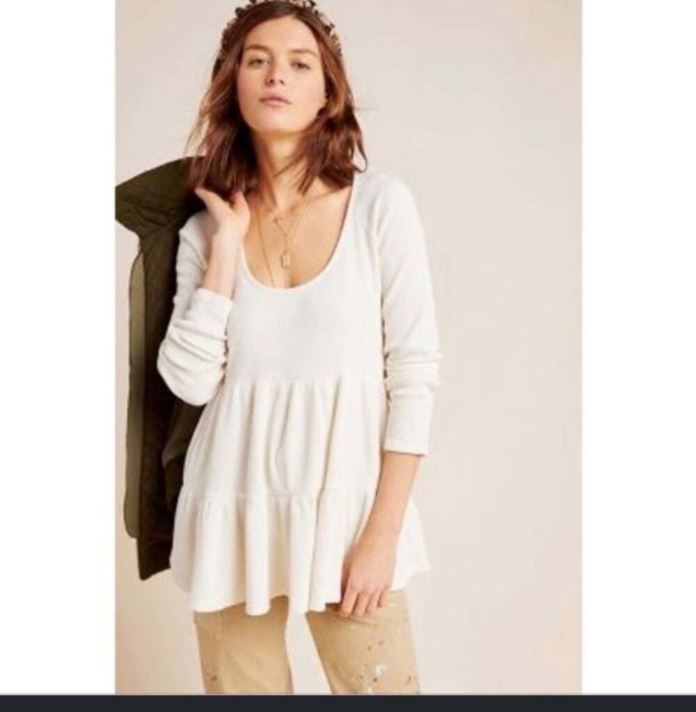 Maeve Anthropologie Samina Cream Waffle Knit Tiered Long Sleeve Tunic Top S
